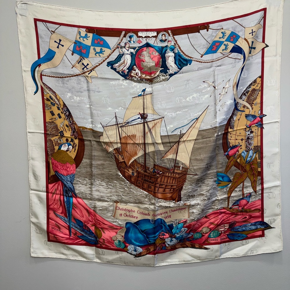 HERMES Christophe Colomb Decouvre l’Amerique Silk Twill Scarf 90 Birds Ship